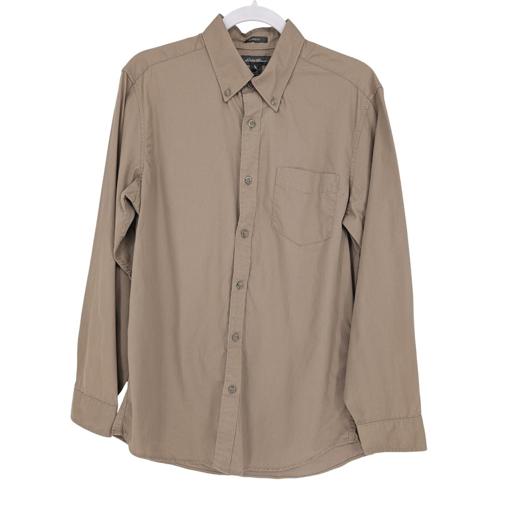 Eddie Bauer Button Front Shirt Men S Tan Relaxed Fit Cotton Long Sleeve Utility